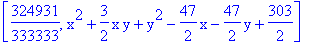 [324931/333333, x^2+3/2*x*y+y^2-47/2*x-47/2*y+303/2]